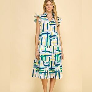 PINCH Stella Tiered Ruffle Midi Dress Multicolor Abstract Print Size L